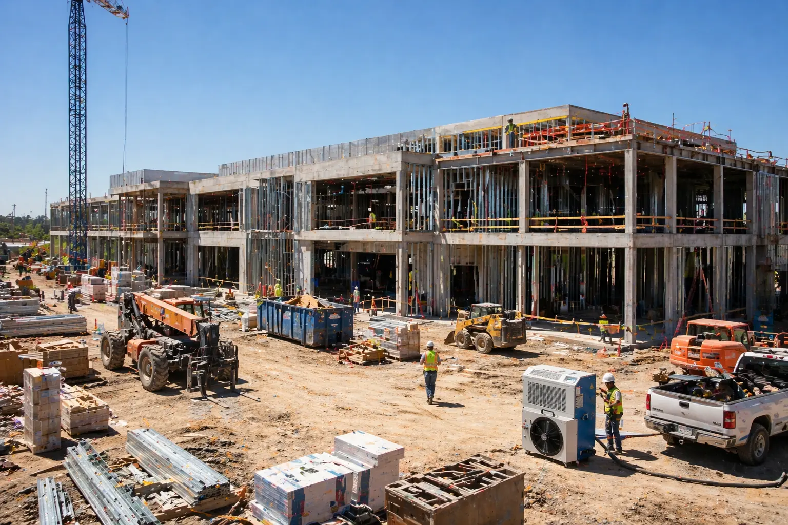 A wide exterior shot of a large commercial construction site on a bright, clear late-spring morning.
